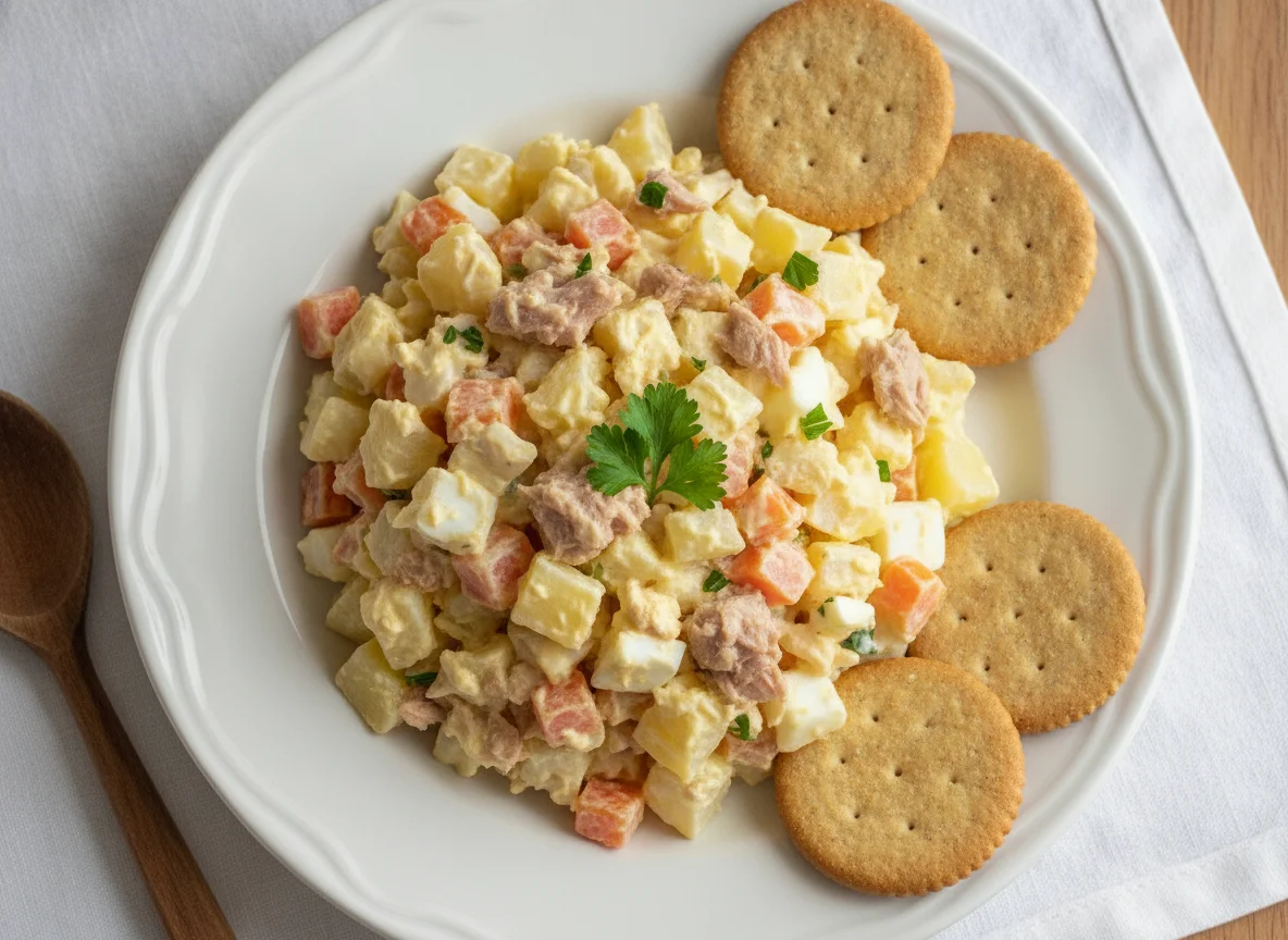 Ensalada rusa con atún y galletitas de agua photo