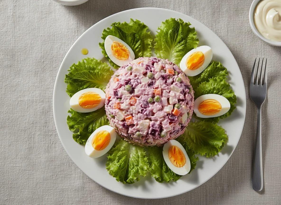 Ensalada rusa con huevos cocidos y lechuga photo