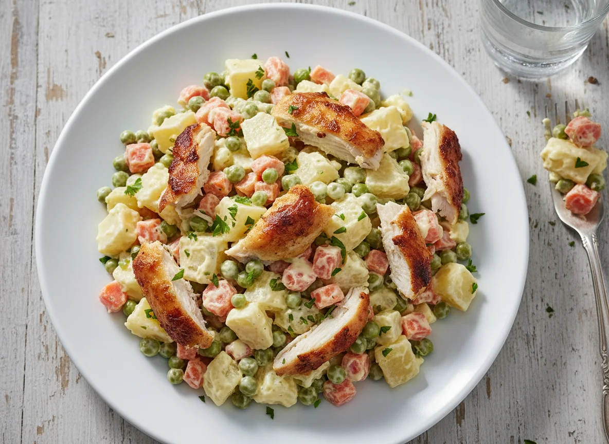Ensalada rusa con restos de pollo asado photo