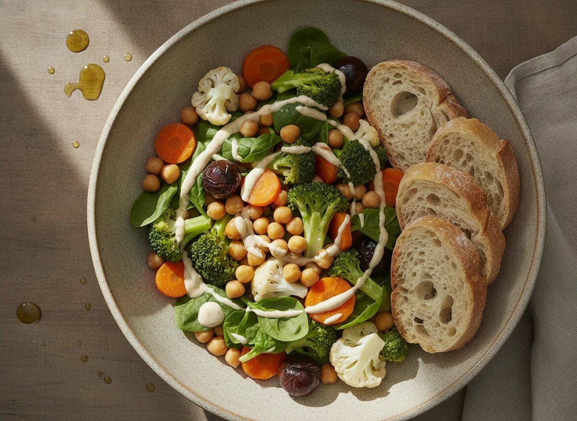 Ensalada templada de garbanzos con verduras y salsa photo