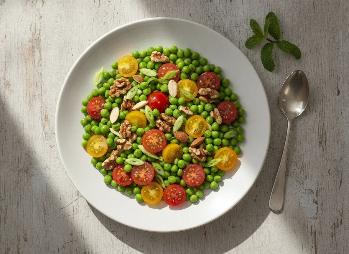 Ensalada templada de guisantes, tomates cherry y frutos secos photo
