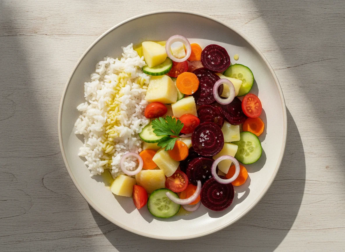 Ensalada variada con arroz y remolacha photo