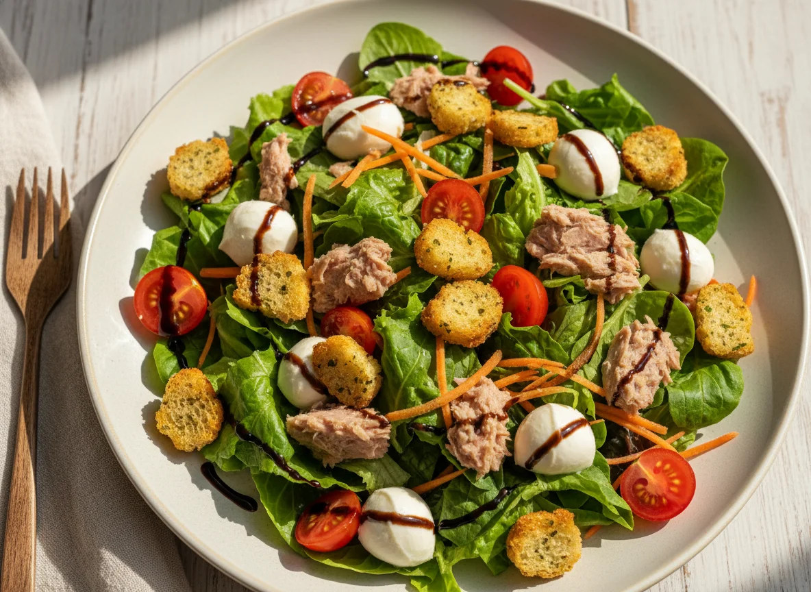 Ensalada variada con atún, mozzarella y picatostes photo