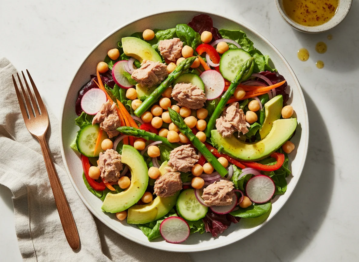 Ensalada variada con atún y garbanzos photo