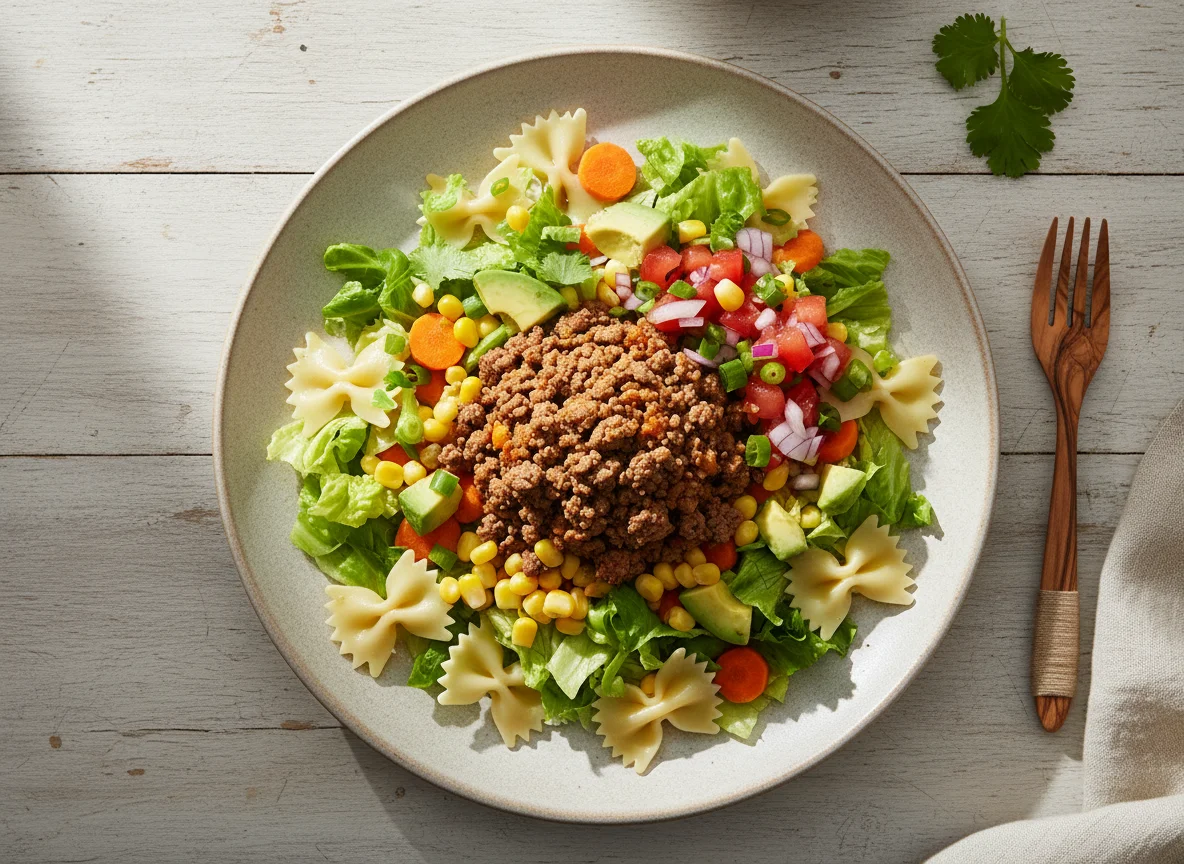 Ensalada variada con carne molida y pasta photo