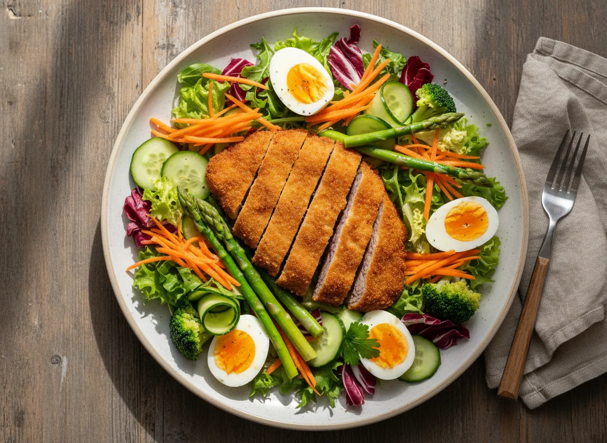 Ensalada variada con filete empanado photo