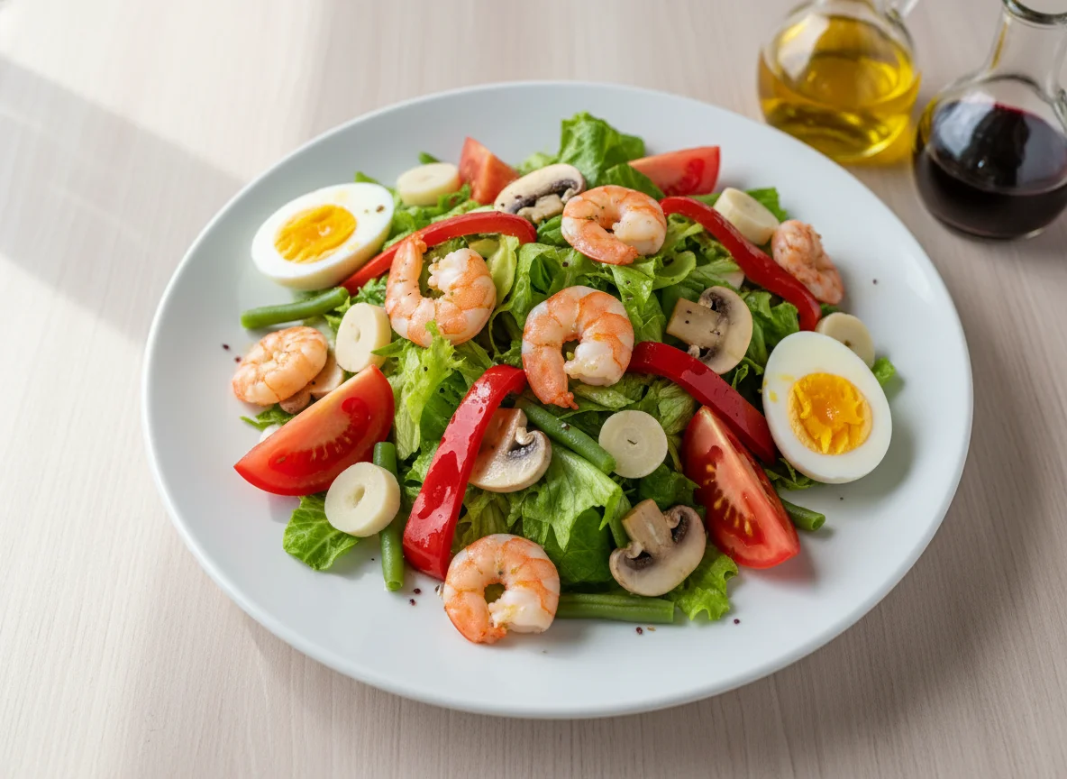 Ensalada variada con gambas y huevo photo