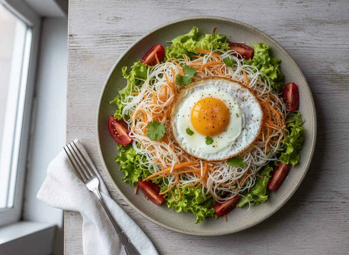 Ensalada variada con huevo frito y fideos de arroz photo