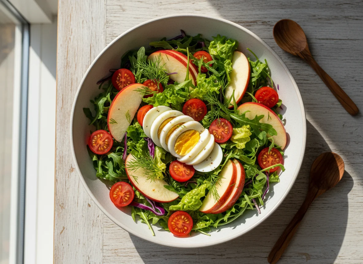 Ensalada variada con huevo y manzana photo