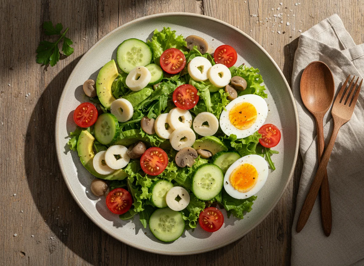 Ensalada variada con huevo y palmitos photo