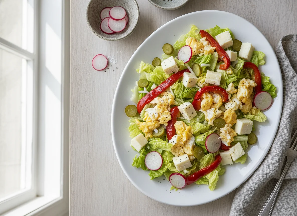 Ensalada variada con huevos revueltos y rabanitos photo