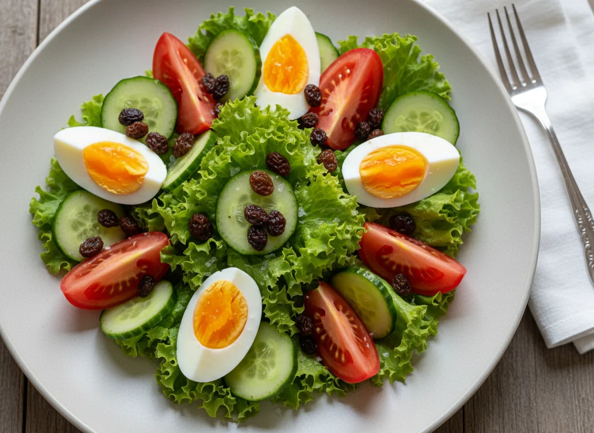 Ensalada variada con pasas y huevo photo