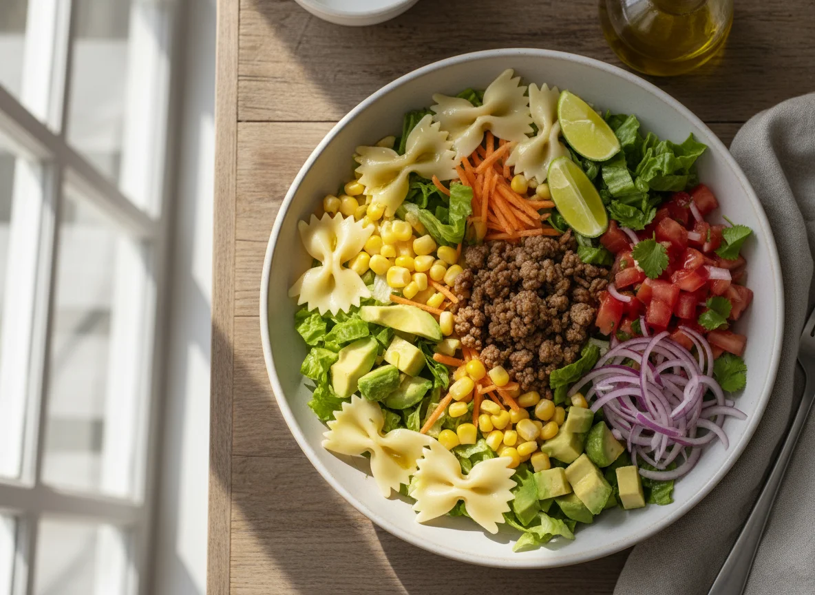 Ensalada variada con pasta y carne photo