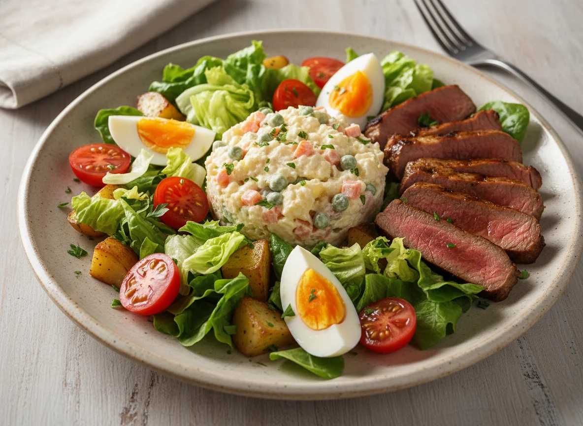 Ensalada variada con patatas y carne photo