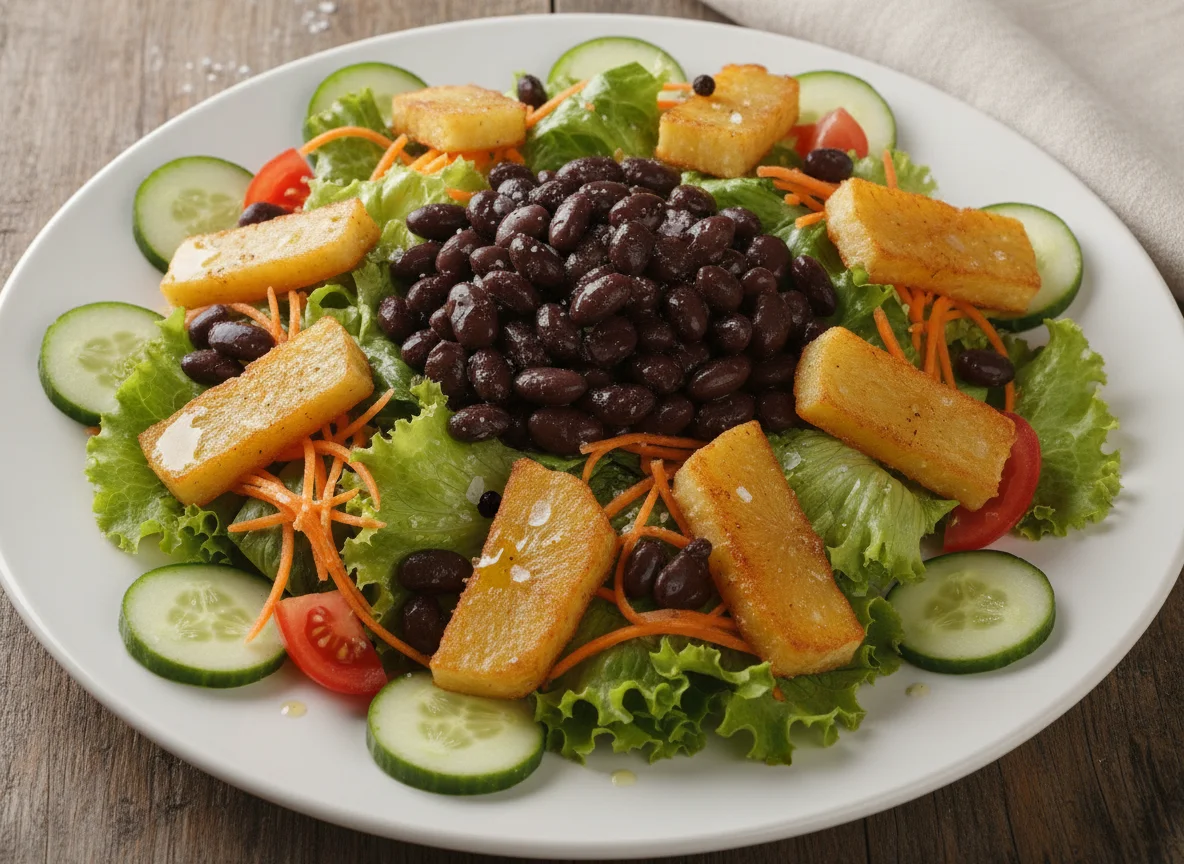 Ensalada variada con porotos negros y mandioca frita photo