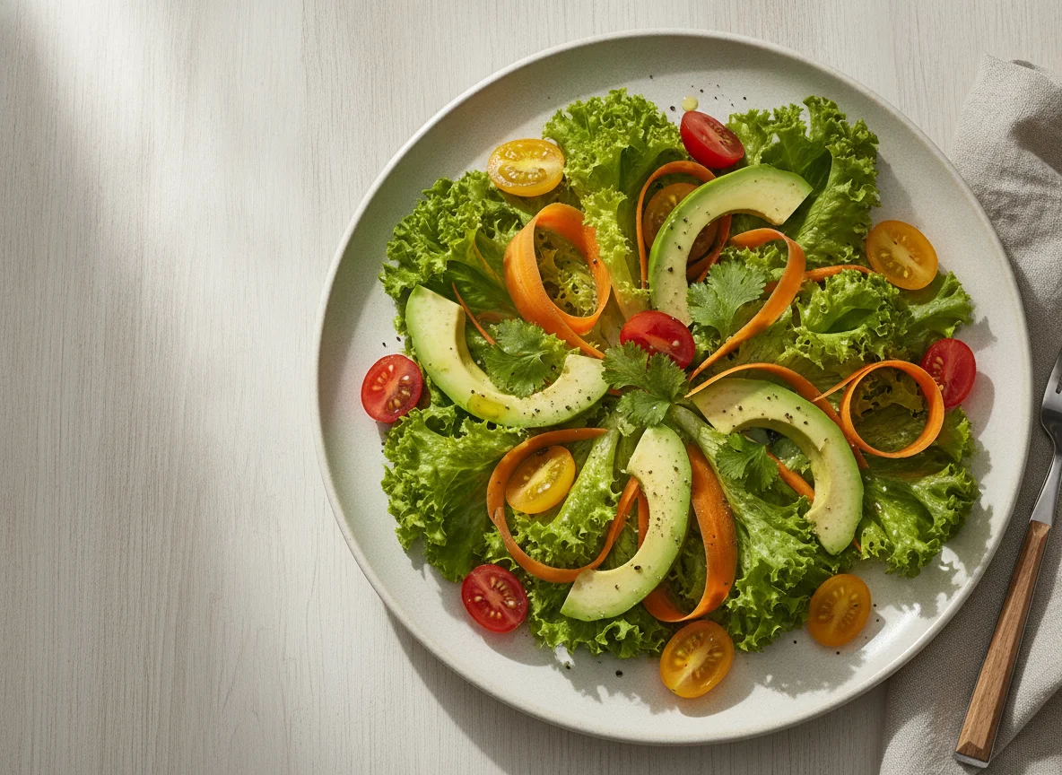 Ensalada verde con aguacate y zanahoria photo