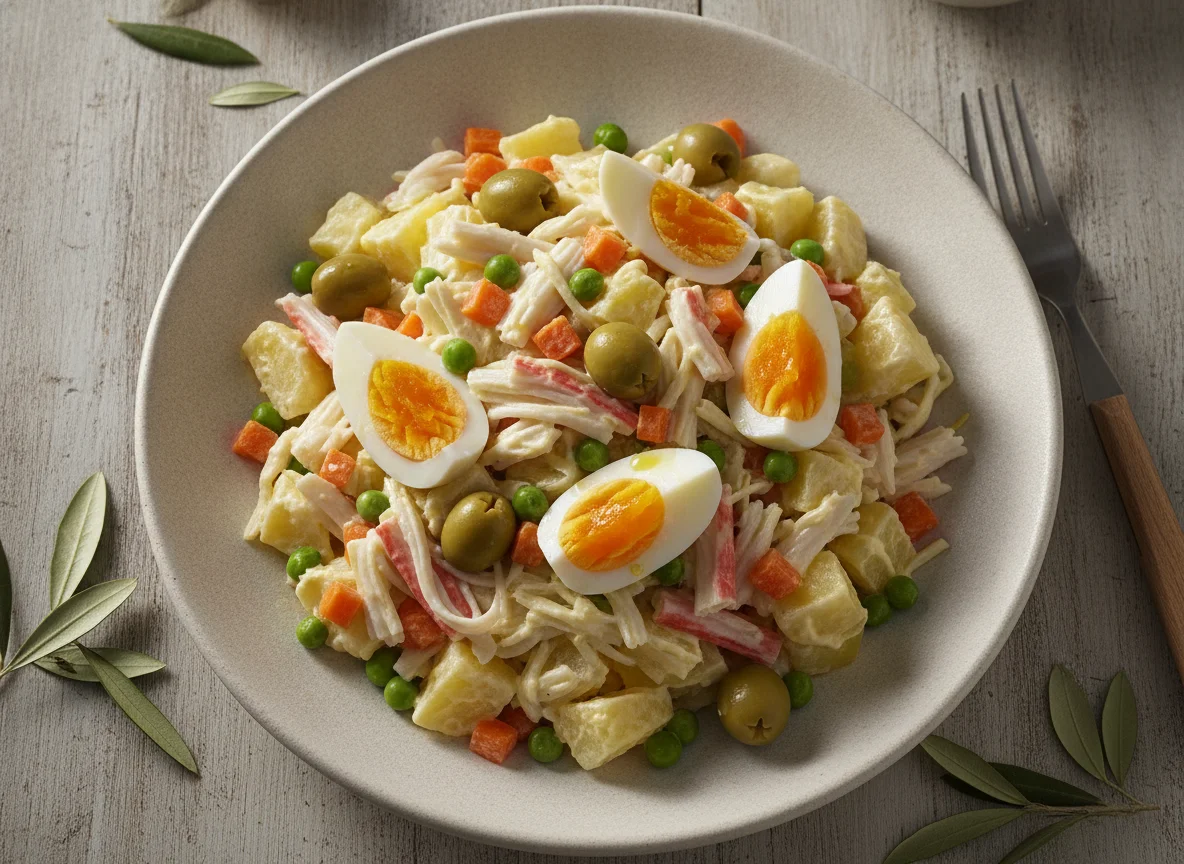 Ensaladilla de palitos de cangrejo y huevo photo