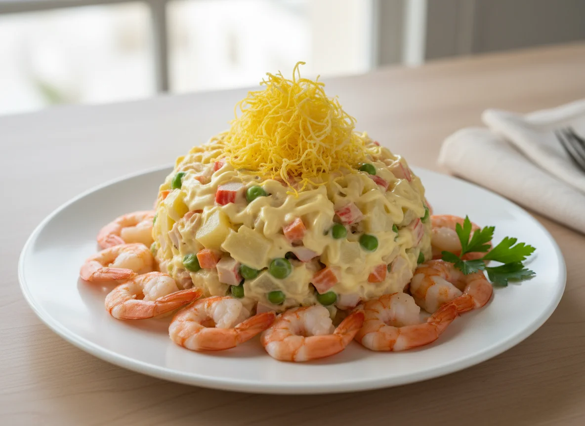 Ensaladilla Rusa con gambas y huevo hilado photo