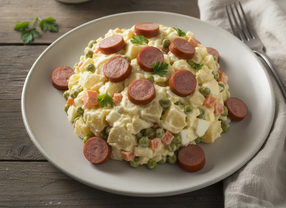 Ensaladilla rusa con mayonesa y salchicha photo