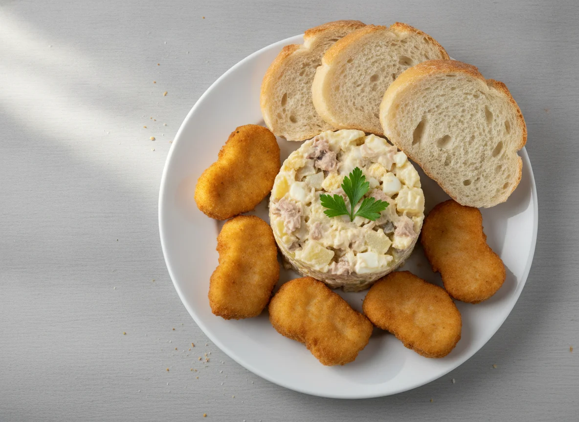 Ensaladilla rusa con nuggets de pollo y pan photo