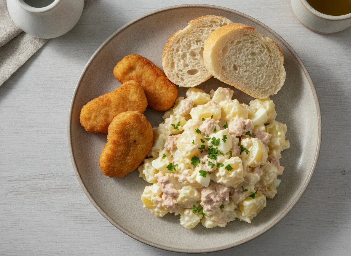 Ensaladilla rusa con pan y nuggets photo