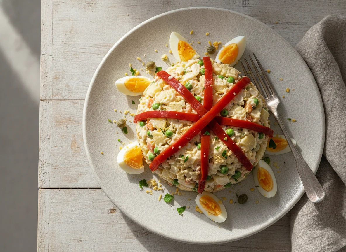 Ensaladilla rusa con pimientos del piquillo y huevo duro photo
