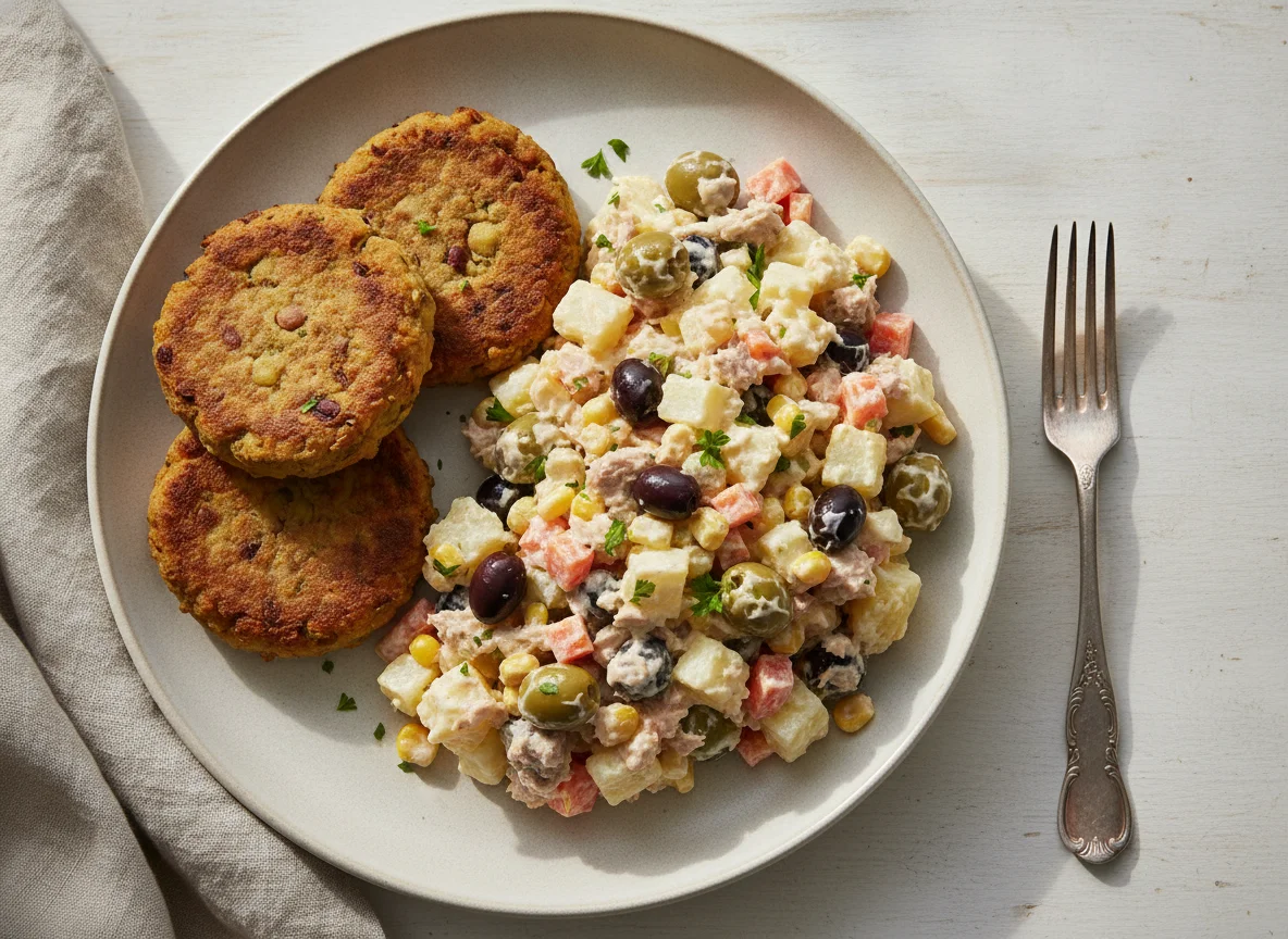 Ensaladilla rusa con tortitas de legumbres photo