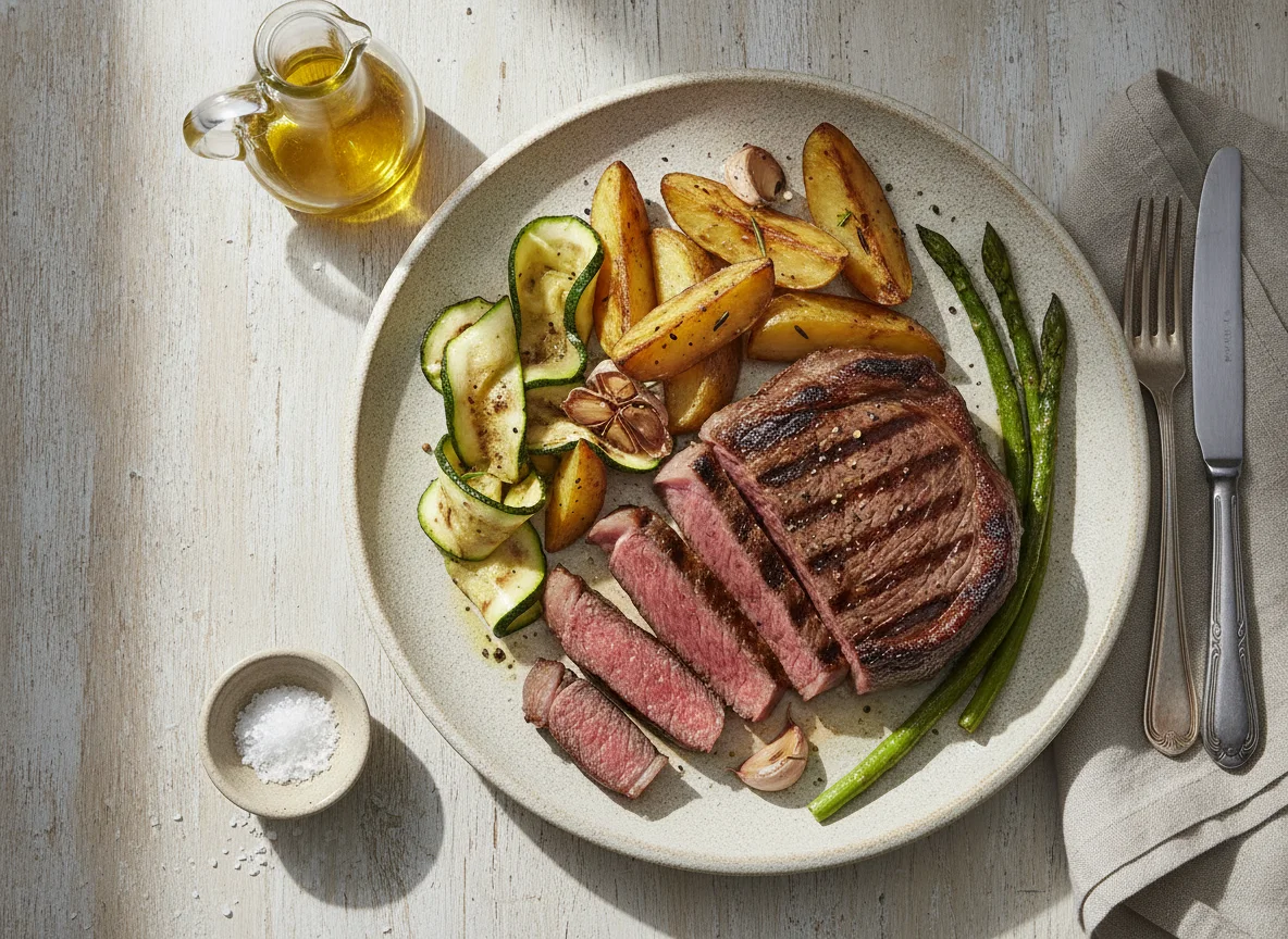 Entrecot a la brasa con verduras y patatas asadas photo