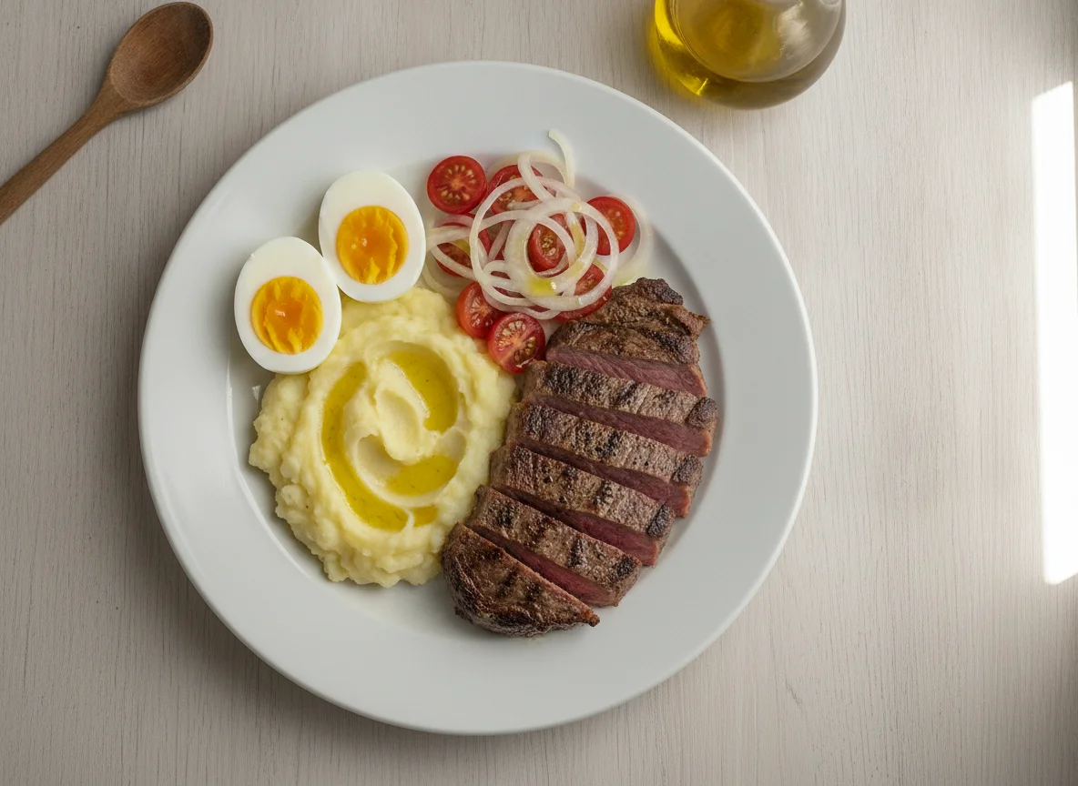Entrecot con puré de papas, huevos duros y ensalada de tomate y cebolla photo