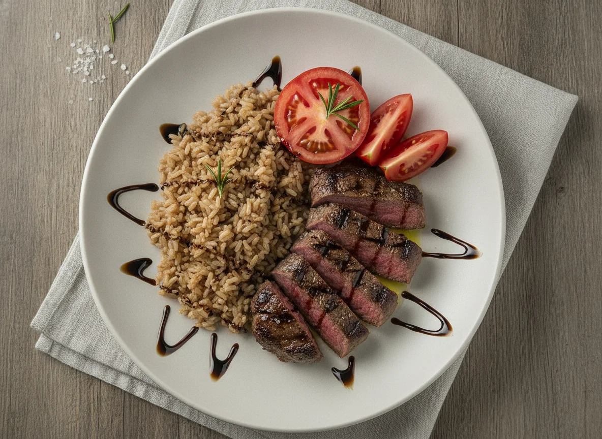 Entrecot de ternera con arroz integral y tomate photo