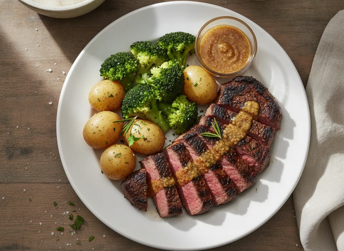 Entrecot de ternera con brócoli y patatas cocidas photo