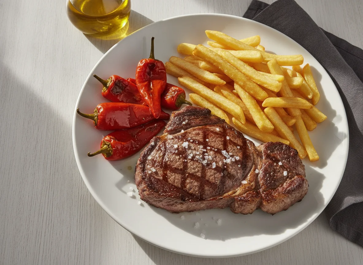 Entrecot de vaca vieja con patatas fritas y pimientos del piquillo photo