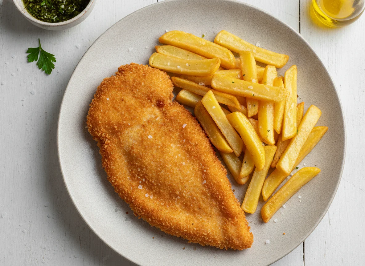 Escalope de pollo con patatas fritas photo