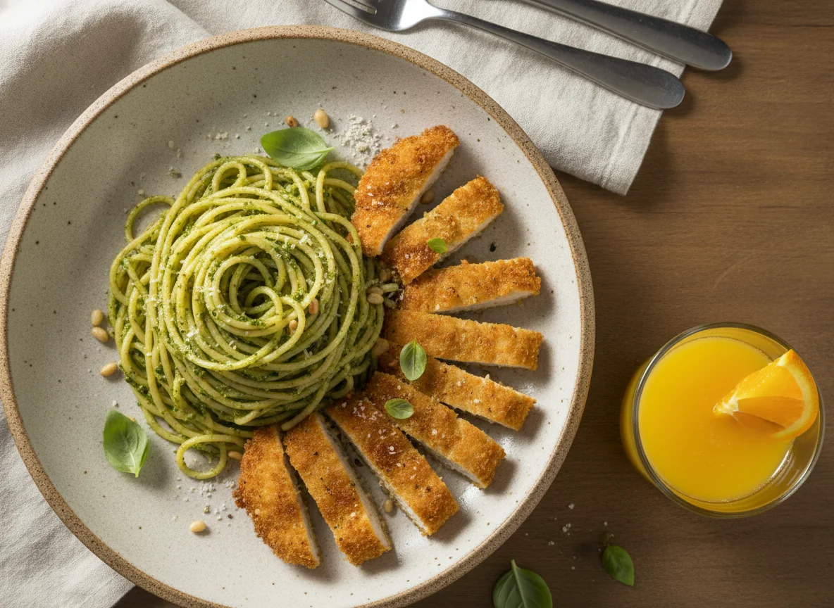 Espagueti al pesto con pollo photo