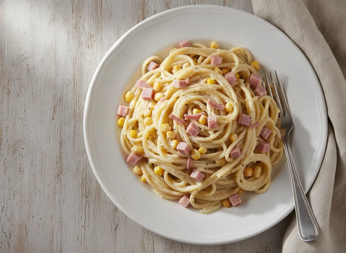Espagueti blanco con jamón y elote photo