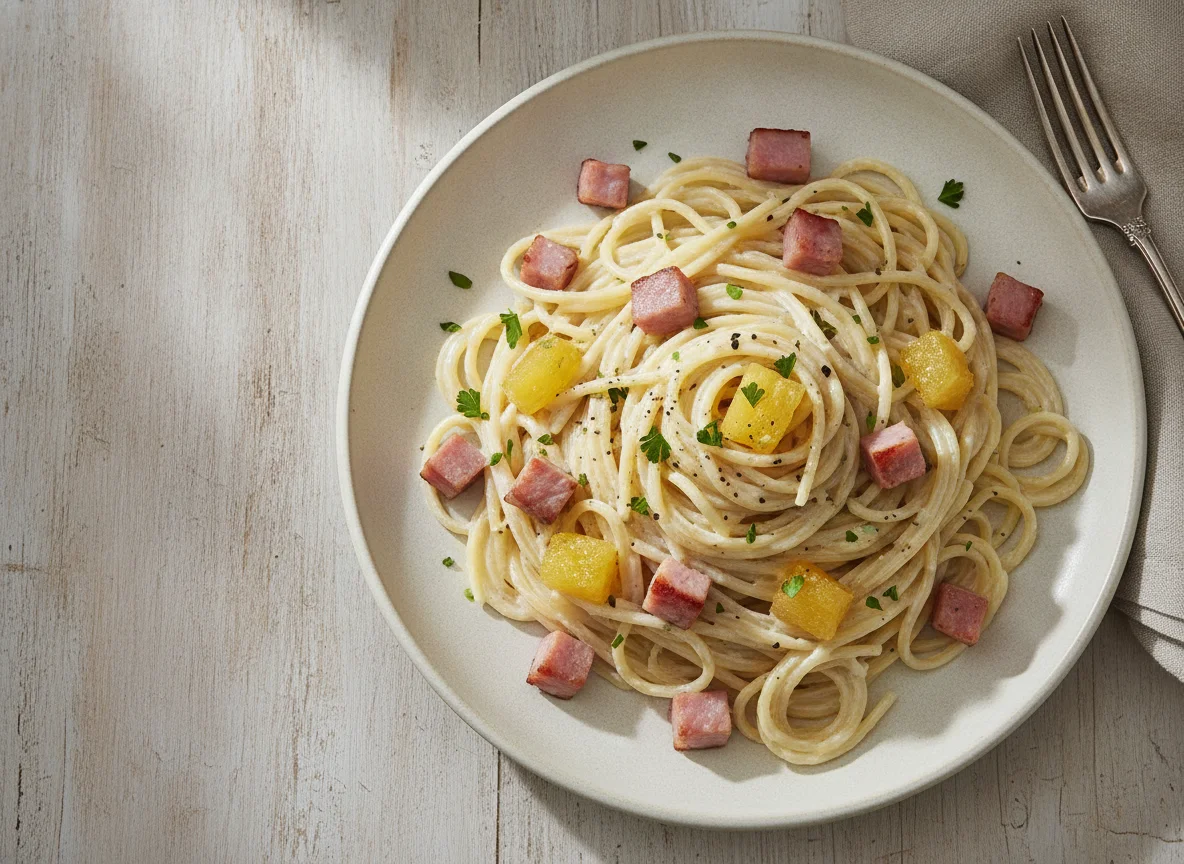 Espagueti blanco con jamón y piña photo