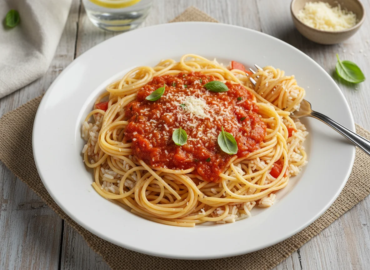 Espagueti con arroz y salsa de tomate photo