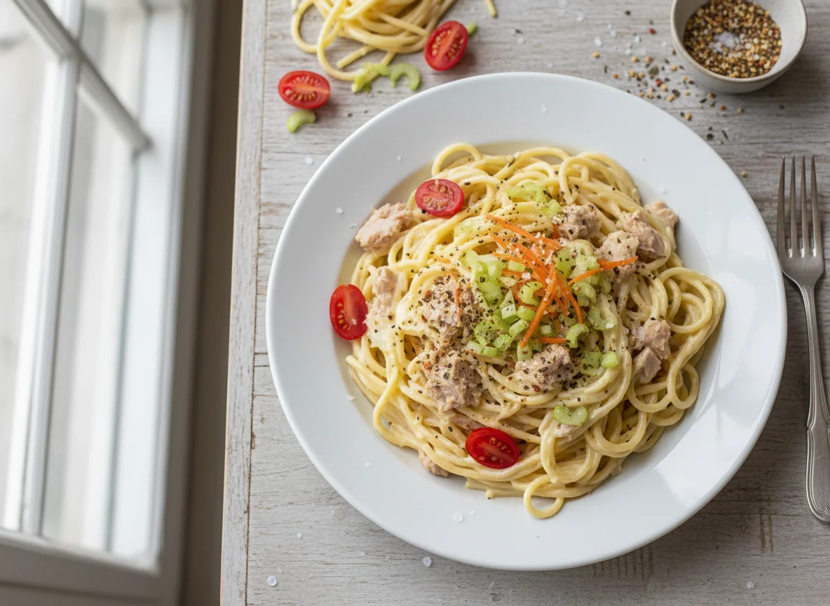 Espagueti con atún y salsa cremosa photo