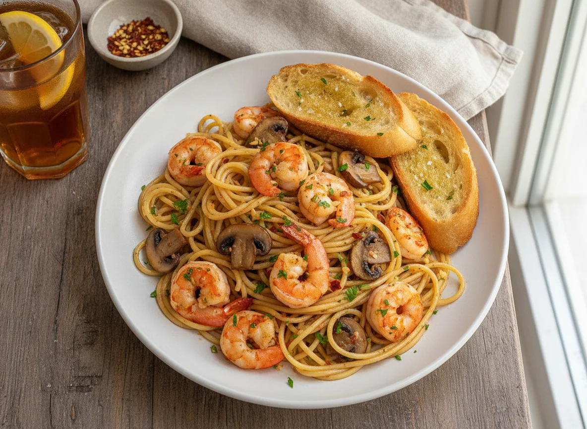 Espagueti con camarones, champiñones y pan photo
