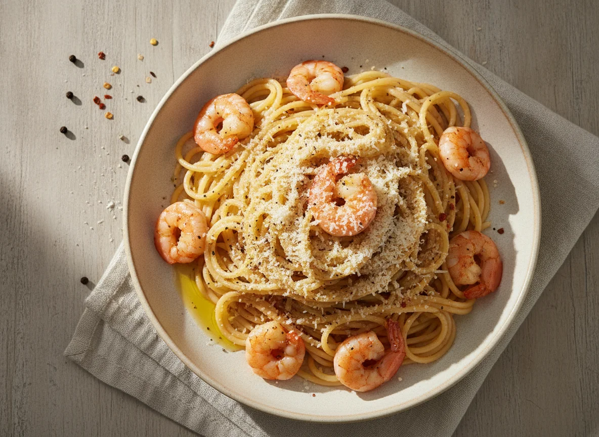 Espagueti con camarones y queso parmesano photo