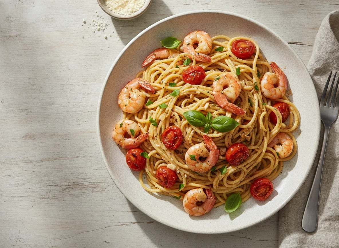 Espagueti con camarones y tomates cherry photo