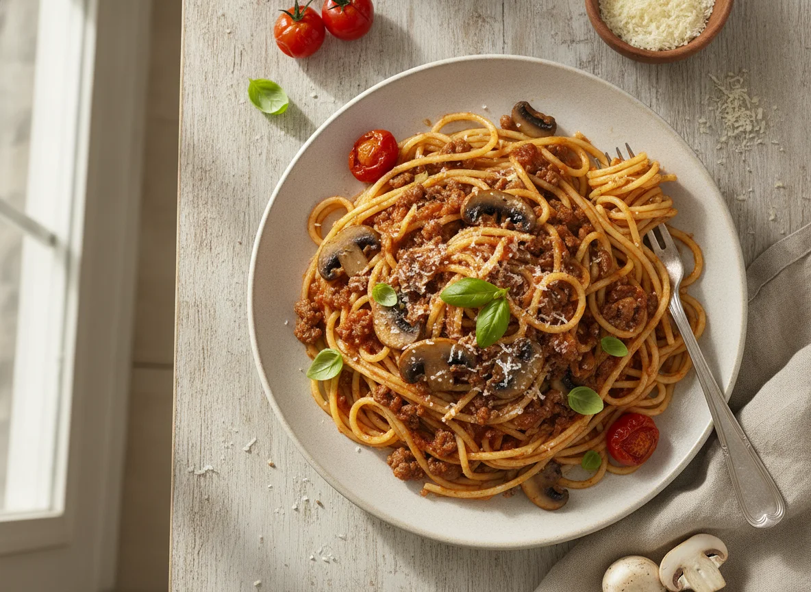 Espagueti con carne molida y champiñones photo