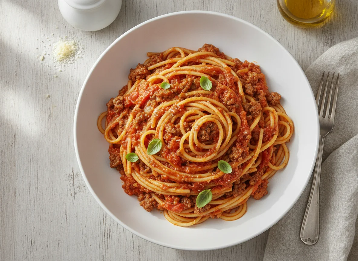 Espagueti con carne molida y salsa roja photo