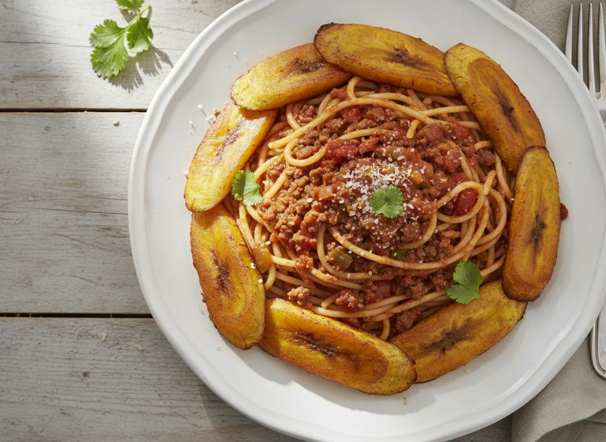 Espagueti con carne molida y tajadas de plátano maduro photo