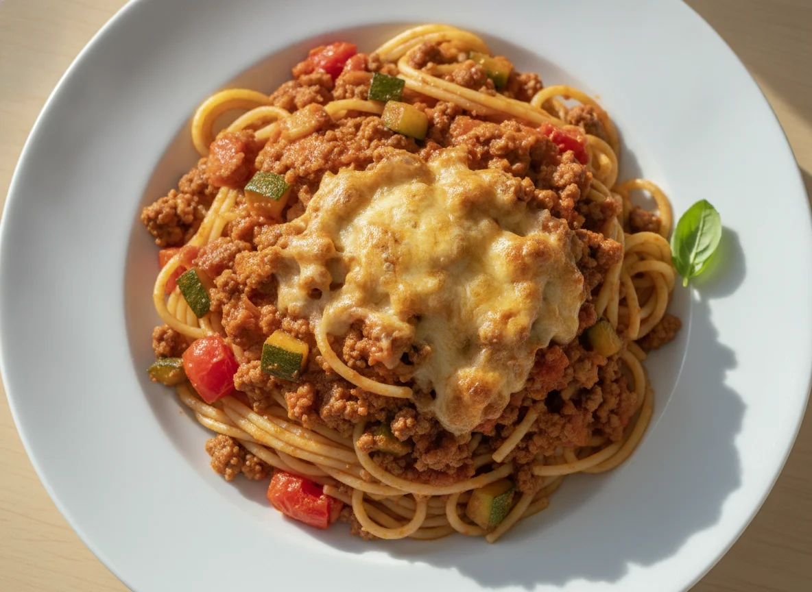 Espagueti con carne molida y verduras photo