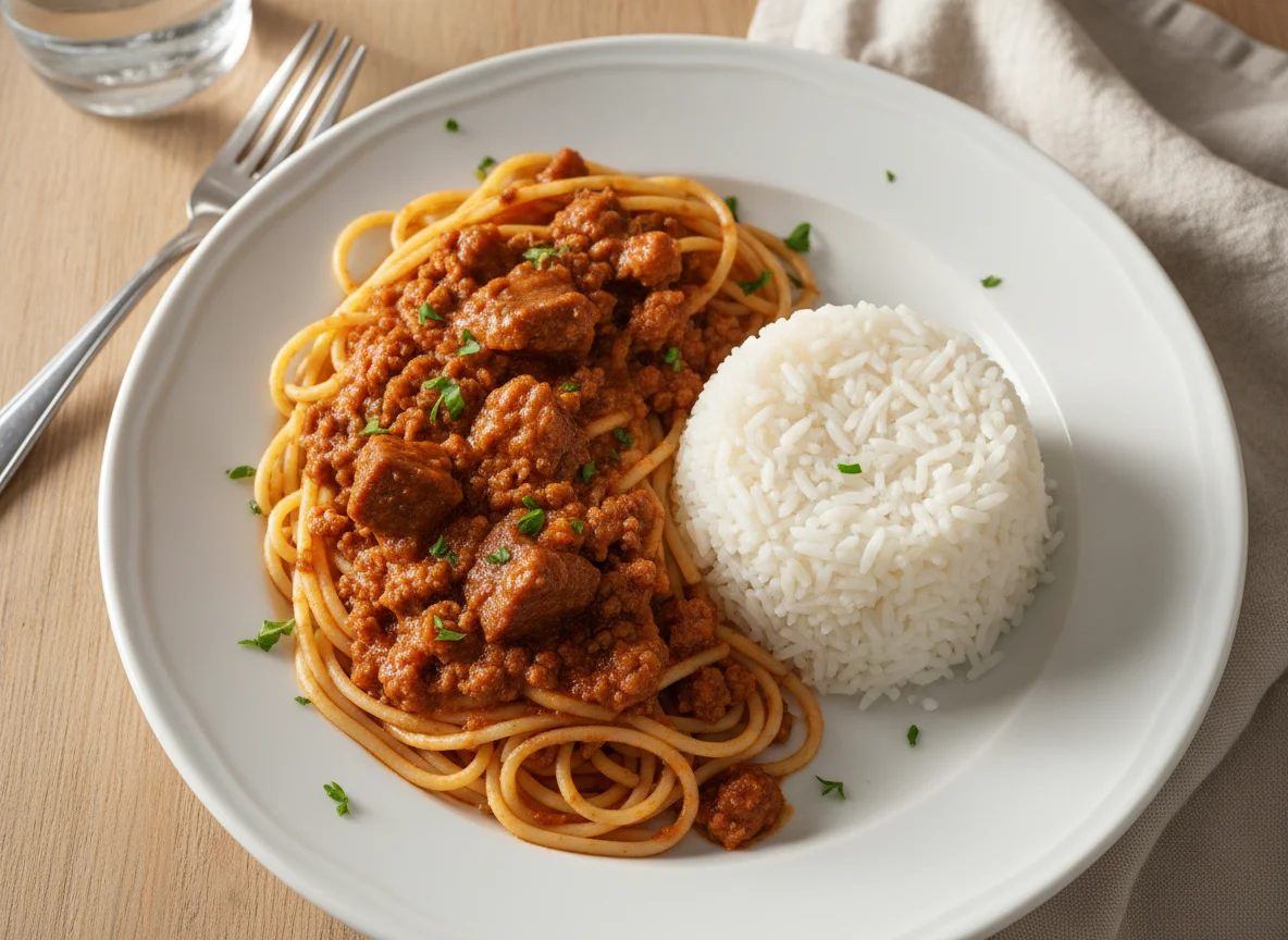 Espagueti con carne y arroz blanco photo