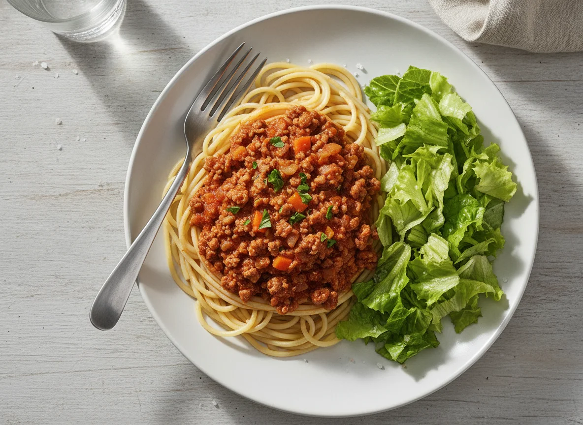 Espagueti con carne y ensalada photo