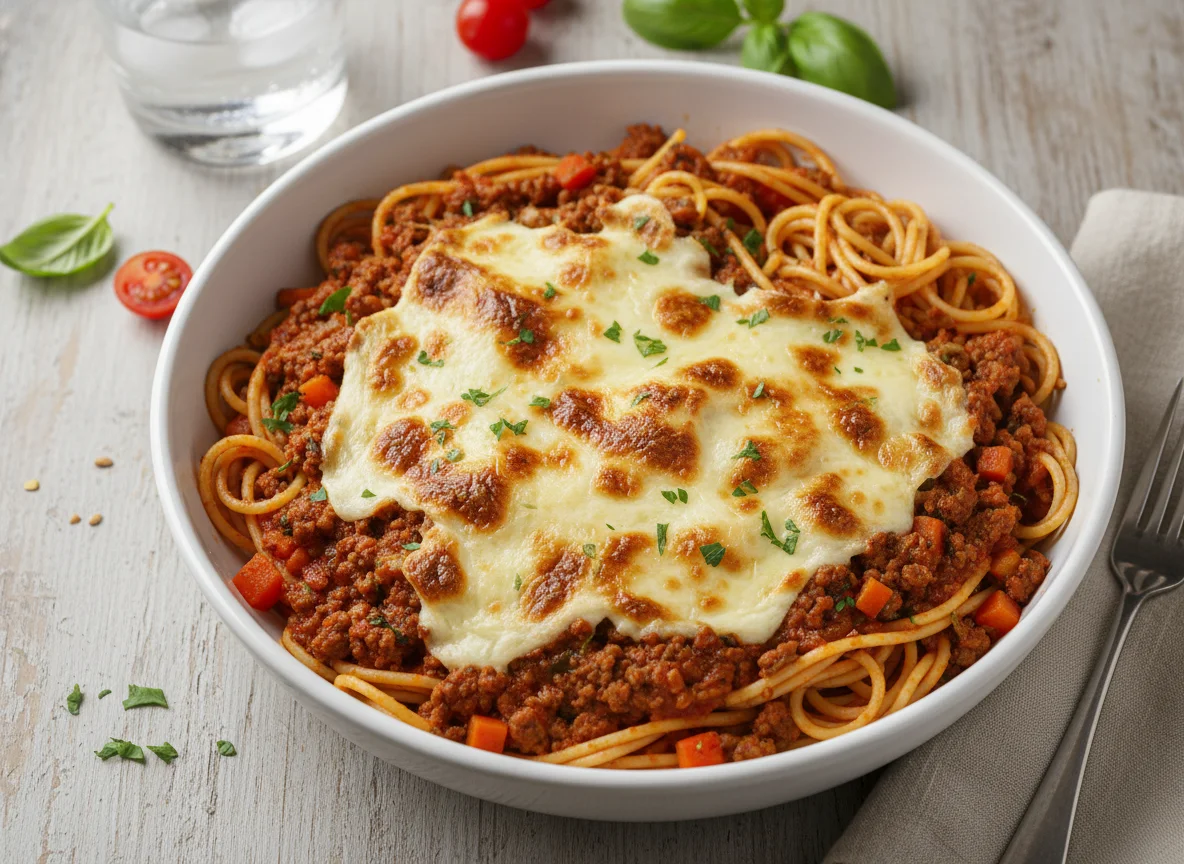 Espagueti con carne y queso photo
