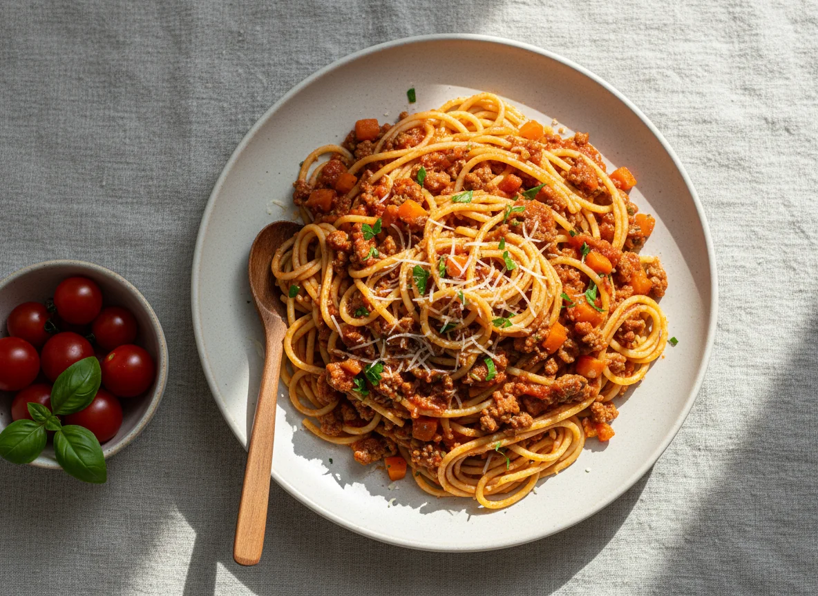 Espagueti con carne y verduras photo