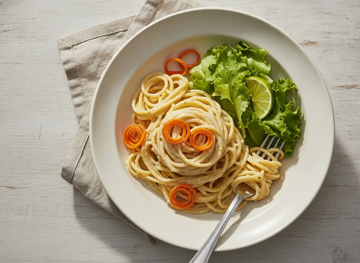 Espagueti con crema y ensalada photo